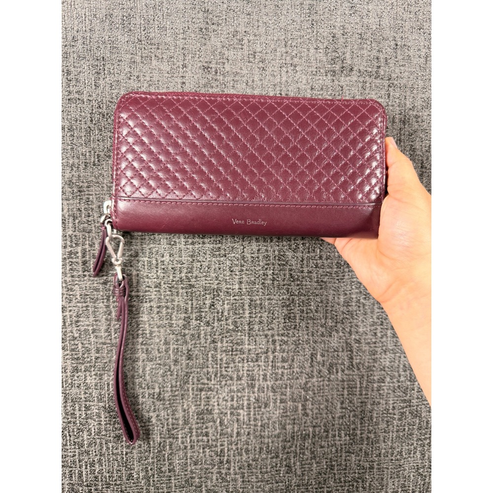 Vera Bradley Quilted Leather Zip Around Wristlet Wallet Burgundy Plum Floral
